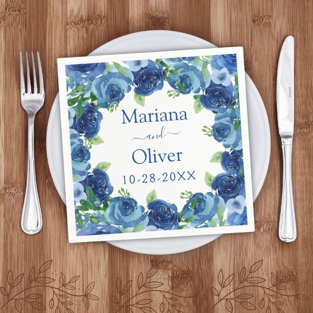 Navy Blue Watercolor Floral Wedding Paper Napkins (Creator Uploaded)