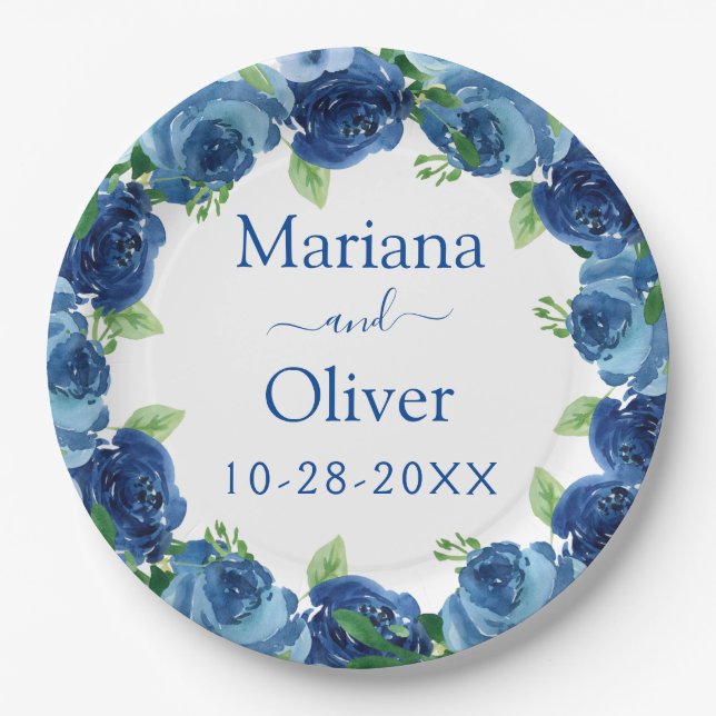 Navy Blue Watercolor Floral Wedding Paper Plate (Front)