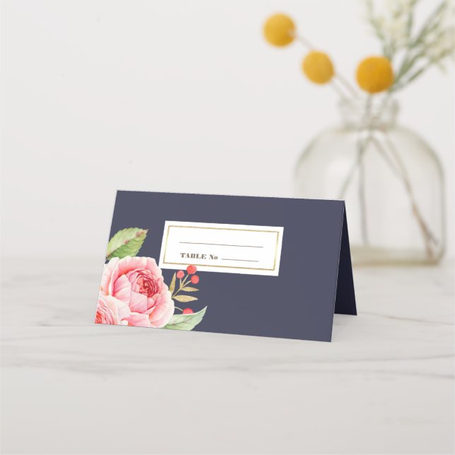 Navy Blue Watercolor Floral Wedding  Place Card (Front)