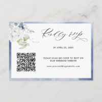 Navy Blue Watercolor, Floral Wedding QR Code RSVP