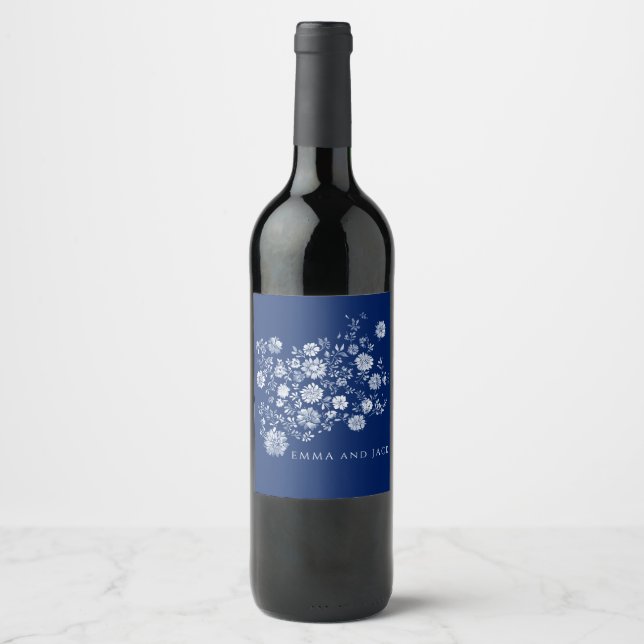 Navy Blue Watercolor Floral Wine Label (Front)