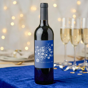 Navy Blue Watercolor Floral Wine Label