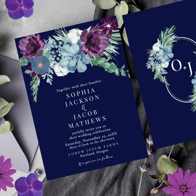 Navy Blue watercolor floral Winter elegant Wedding Invitation (Creator Uploaded)