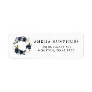 Navy Blue Watercolor Floral Wreath Gold Address