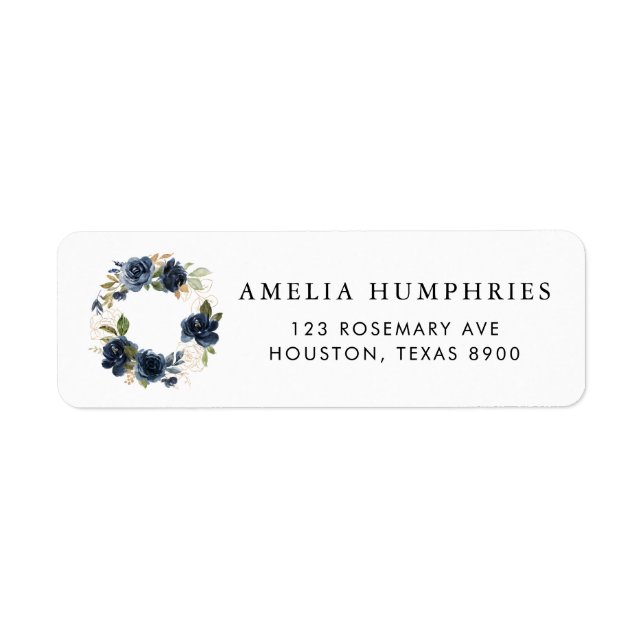 Navy Blue Watercolor Floral Wreath Gold Address (Front)