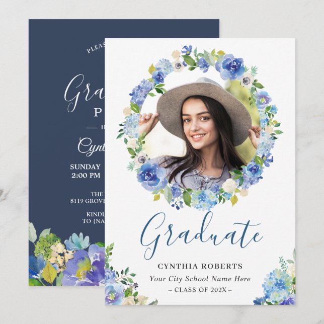 Navy Blue Watercolor Floral Wreath Graduate Photo Invitation (Front/Back)