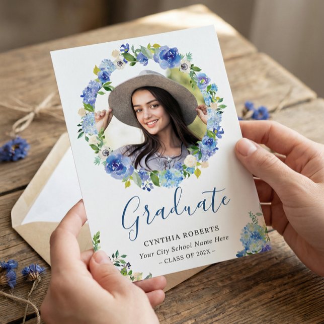 Navy Blue Watercolor Floral Wreath Graduate Photo Invitation (Creator Uploaded)