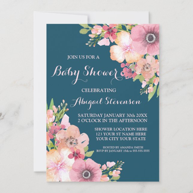 Navy Blue Watercolor Flowers Baby Shower Invitation (Back)