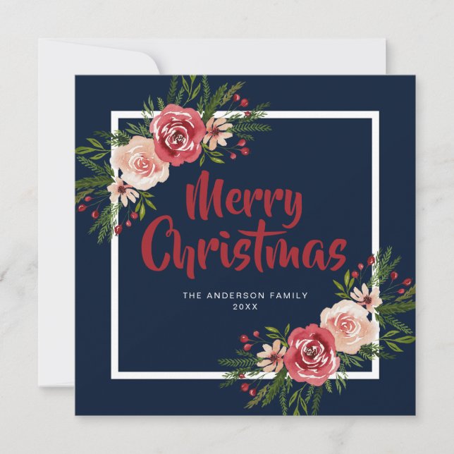 Navy Blue Watercolor Flowers Christmas Card (Front)
