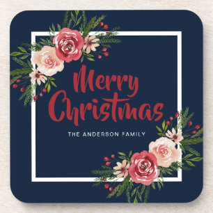 Navy Blue Watercolor Flowers Christmas Coaster