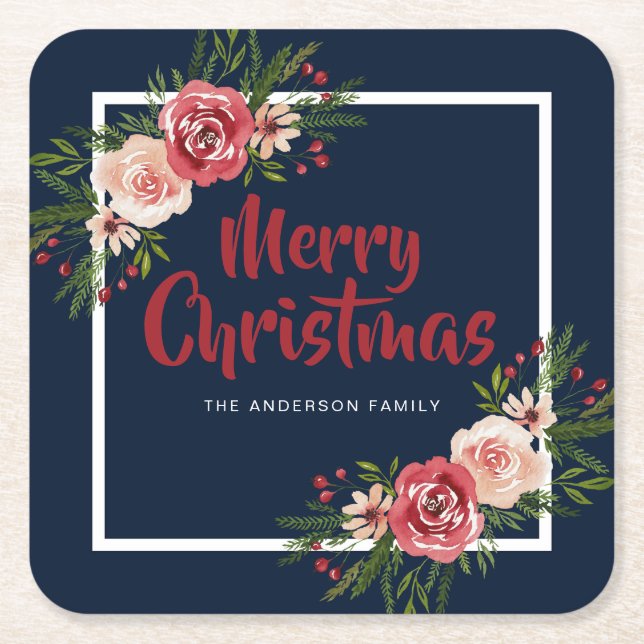 Navy Blue Watercolor Flowers Christmas Square Paper Coaster (Front)