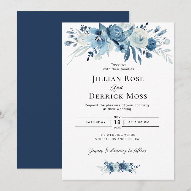 navy blue watercolor flowers wedding invitation (Front/Back)