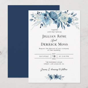 navy blue watercolor flowers wedding invitation