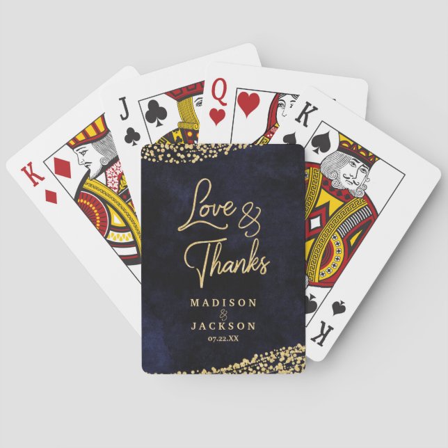 Navy Blue Watercolor & Gold Confetti Wedding Favou Playing Cards (Back)