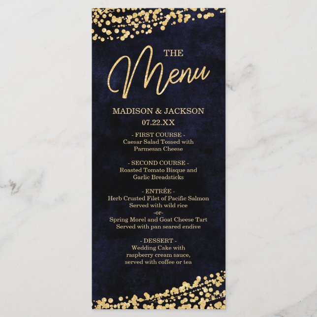 Navy Blue Watercolor & Gold Confetti Wedding Menu (Front)