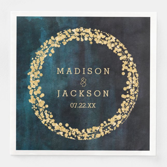 Navy Blue Watercolor & Gold Confetti Wedding Napkin (Front)