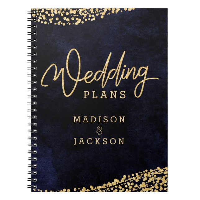 Navy Blue Watercolor Gold Confetti Wedding Planner Notebook (Front)