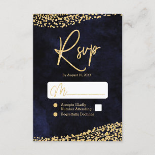 Navy Blue Watercolor & Gold Confetti Wedding RSVP Card