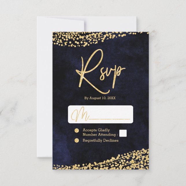 Navy Blue Watercolor & Gold Confetti Wedding RSVP Card (Front)