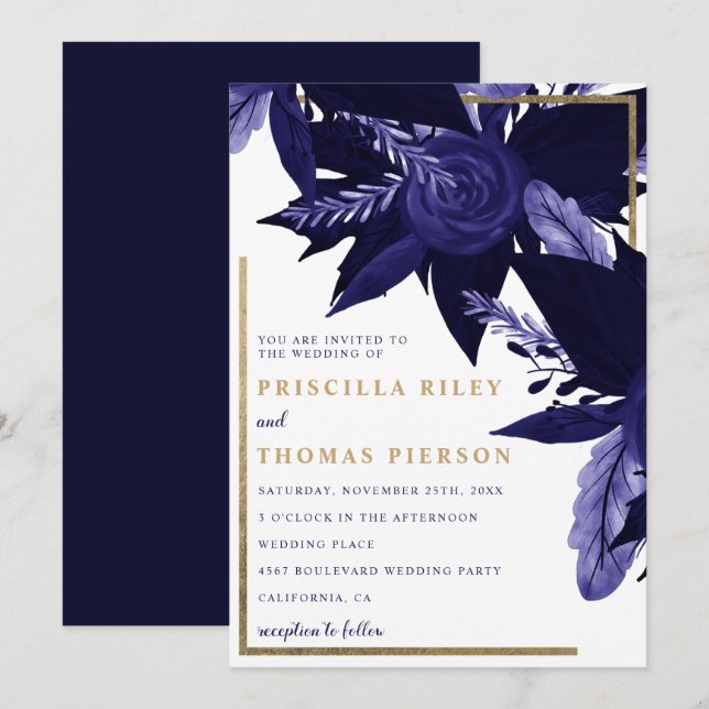 Navy blue watercolor gold fall floral wedding invitation (Front/Back)