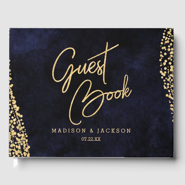 Navy Blue Watercolor & Gold Glam Wedding Monogram Guest Book (Front)