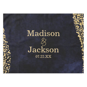 Navy Blue Watercolor & Gold Glam Wedding Monogram Tablecloth