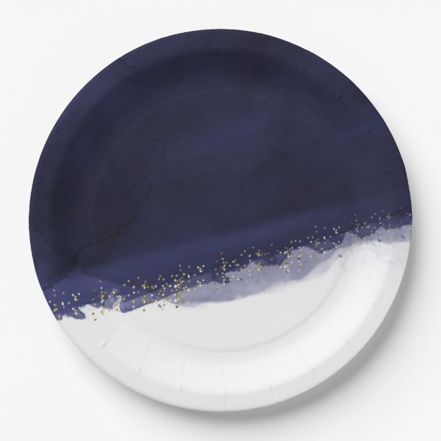 Navy Blue Watercolor & Gold Modern Chic Elegant Paper Plate (Front)