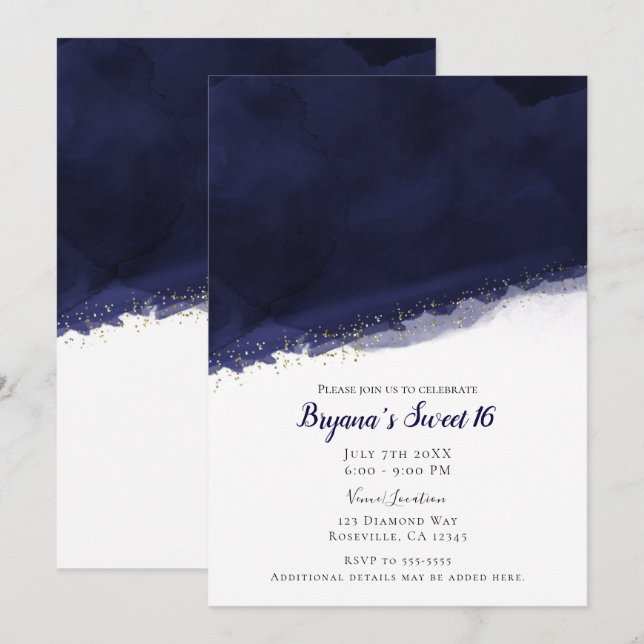 Navy Blue Watercolor & Gold Modern Chic Sweet 16 Invitation (Front/Back)