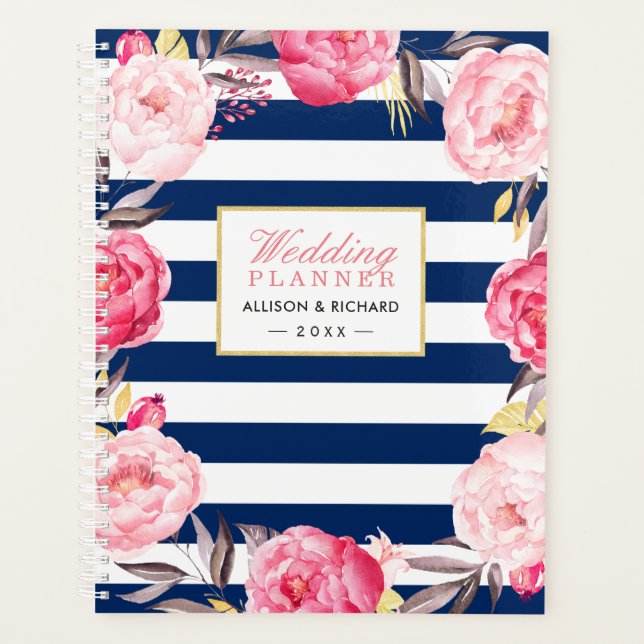Navy Blue Watercolor Gold Pink Floral Wedding Planner (Front)