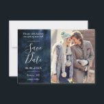 Navy Blue Watercolor Gold Sparkles Custom Photo Save The Date<br><div class="desc">Perfect save the date design for fall or winter weddings! Background is dark navy watercolor texture. There is a very subtle layer of gold sparkles on the top and bottom of the photo. Replace the template photo with your engagement photo.</div>