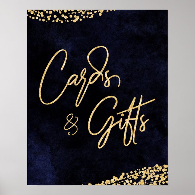 Navy Blue Watercolor & Gold Wedding Cards & Gifts Poster (Front)
