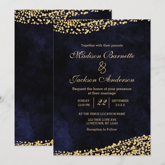 Navy Blue Watercolor & Gold Wedding Invitation (Front/Back)