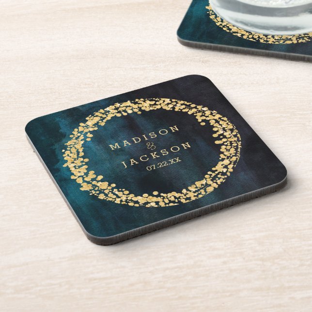 Navy Blue Watercolor & Gold Wedding Monogram Coaster (Left Side)