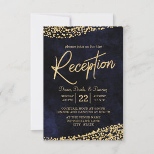 Navy Blue Watercolor & Gold Wedding Reception Invitation
