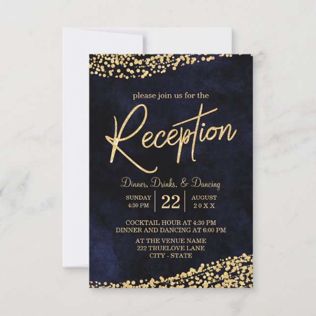 Navy Blue Watercolor & Gold Wedding Reception Invitation (Front)