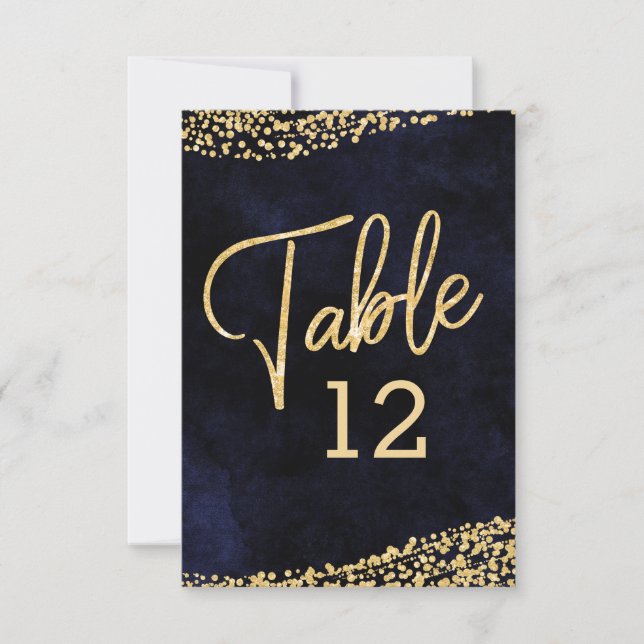 Navy Blue Watercolor & Gold Wedding Table Numbers (Front)