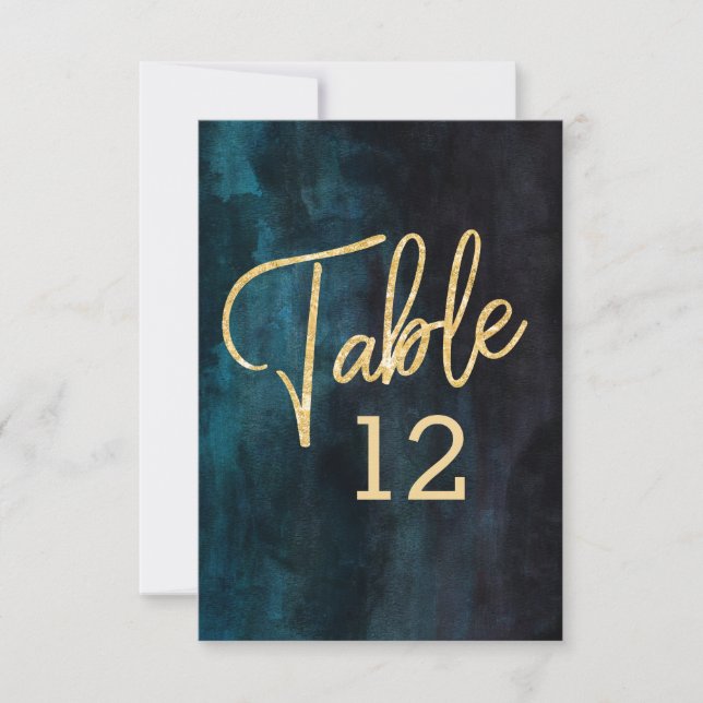 Navy Blue Watercolor & Gold Wedding Table Numbers (Front)