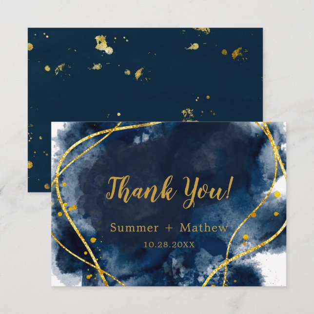 Navy Blue Watercolor Gold Wedding Thank You Cards (Front/Back)