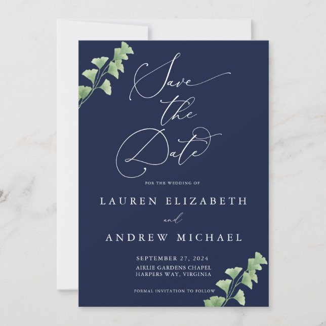 Navy Blue Watercolor Greenery Save the Date  Invitation (Front)