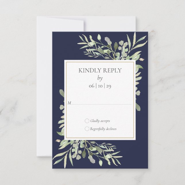 Navy Blue Watercolor Greenery Wedding RSVP Card (Front)