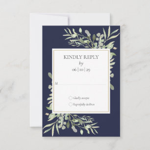 Navy Blue Watercolor Greenery Wedding RSVP Card