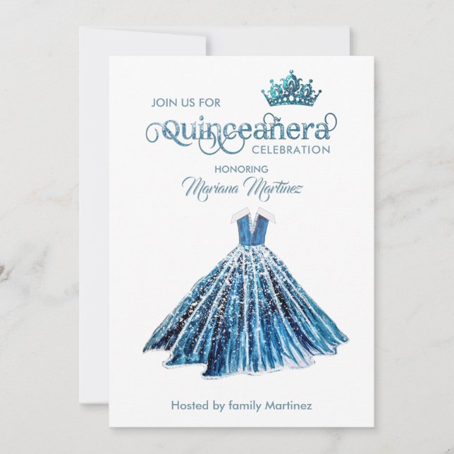 Navy blue Watercolor hand drawn ball dress Quince  Invitation (Front)