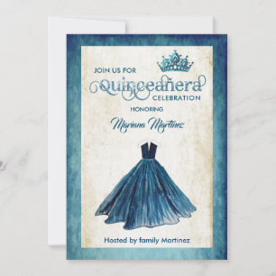 Navy blue Watercolor hand drawn ball dress Quince Invitation