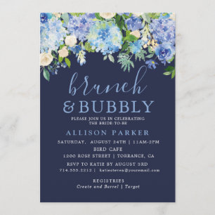 Navy Blue Watercolor Hydrangea Brunch & Bubbly Invitation