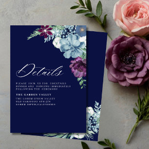 Navy Blue Watercolor magenta Floral Wedding Detail Enclosure Card
