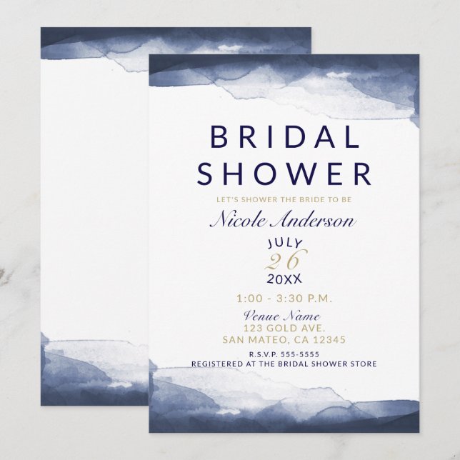 Navy Blue Watercolor Modern Chic Bridal Shower Invitation (Front/Back)