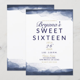 Navy Blue Watercolor Modern Chic Sweet 16 Party Invitation