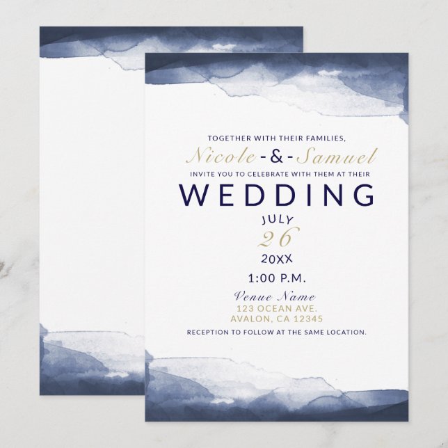 Navy Blue Watercolor Modern Chic Wedding Invitation (Front/Back)