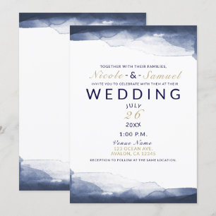 Navy Blue Watercolor Modern Chic Wedding Invitation
