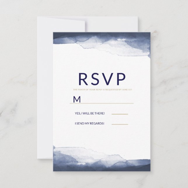 Navy Blue Watercolor Modern Chic Wedding RSVP (Front)